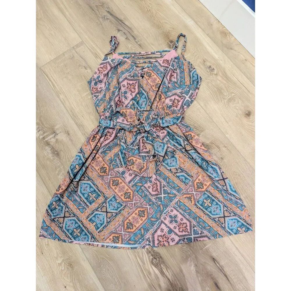 City Chic Tank Sundress Crisscross Belted Pink Patchwork Pattern Lined Plus 0XL
